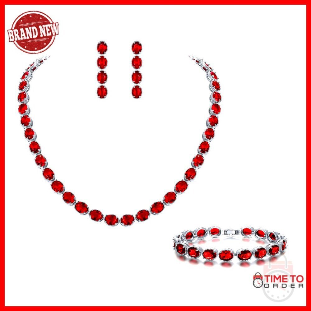 Silver-Tone CZ Wedding Jewelry Set Necklace Earrings Bracelet Oval